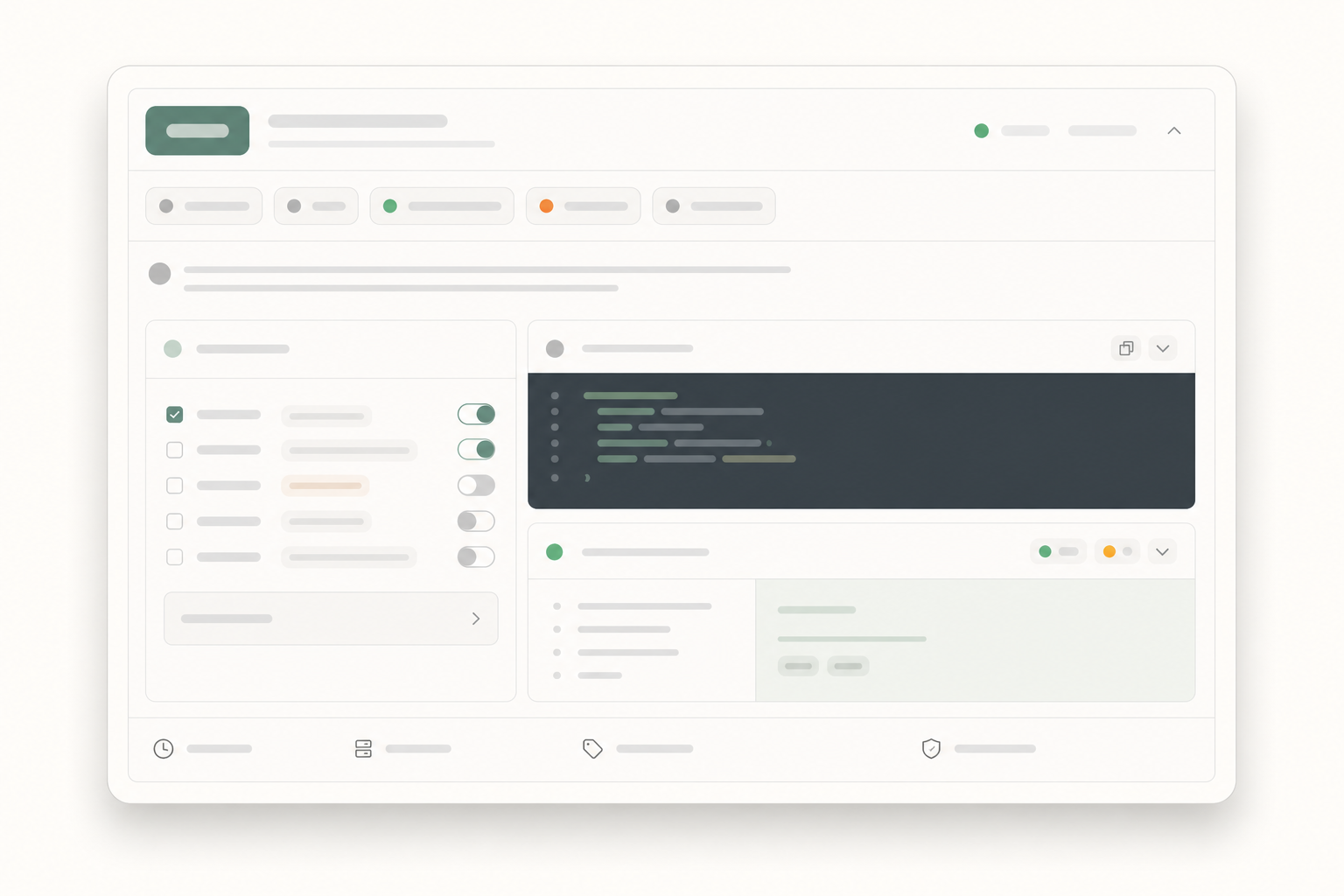 Editorial API endpoint card module with abstract method badge, request rows, and response panel.