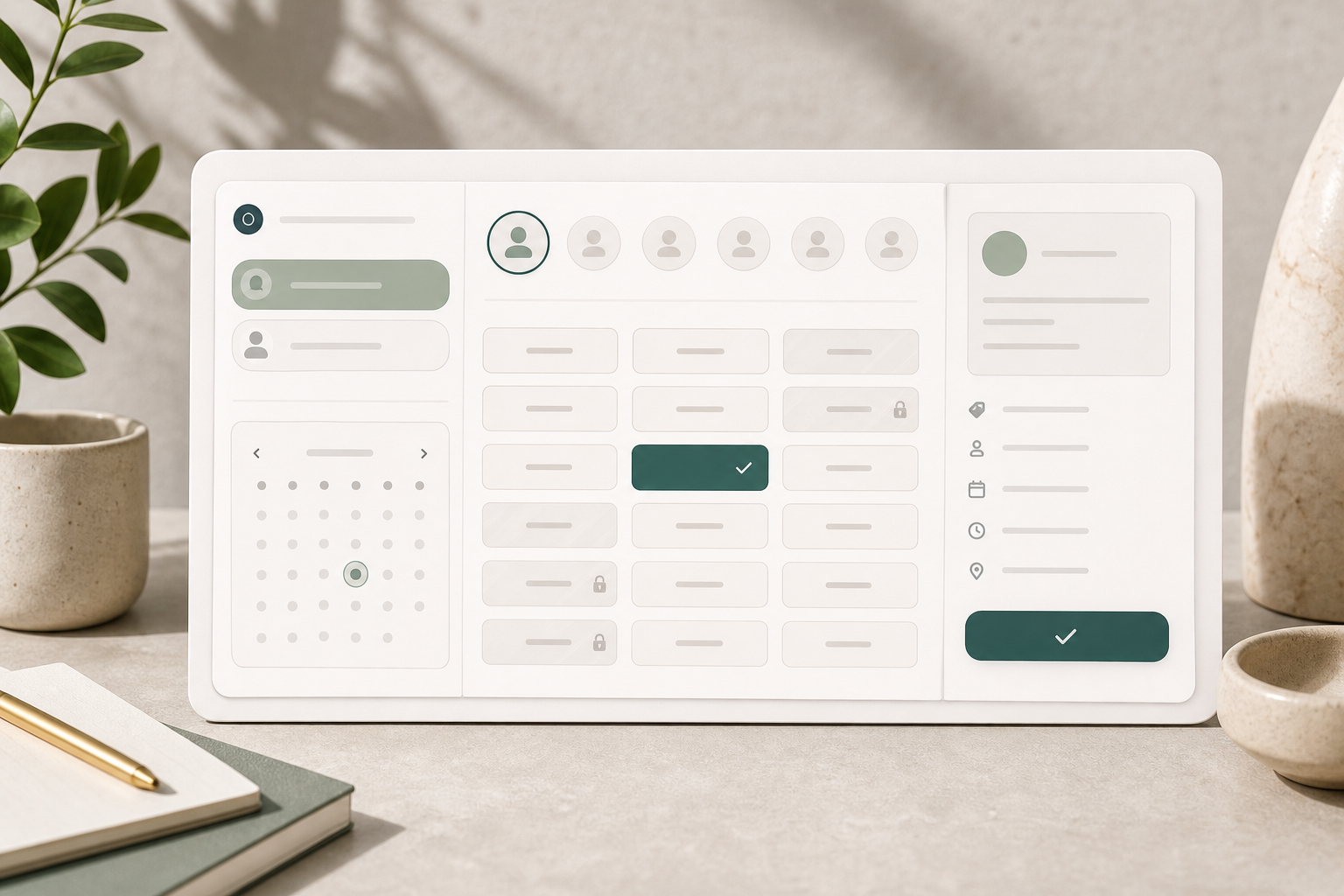 Editorial appointment slot picker with service selector, slot buttons, and booking summary.