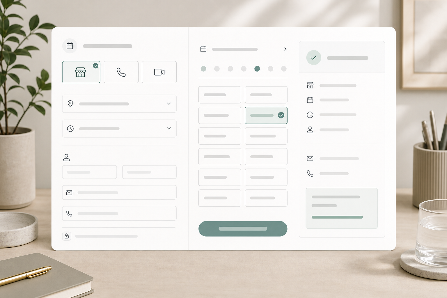 Editorial booking form module with mode selector, branch selector, time window, and slot summary.