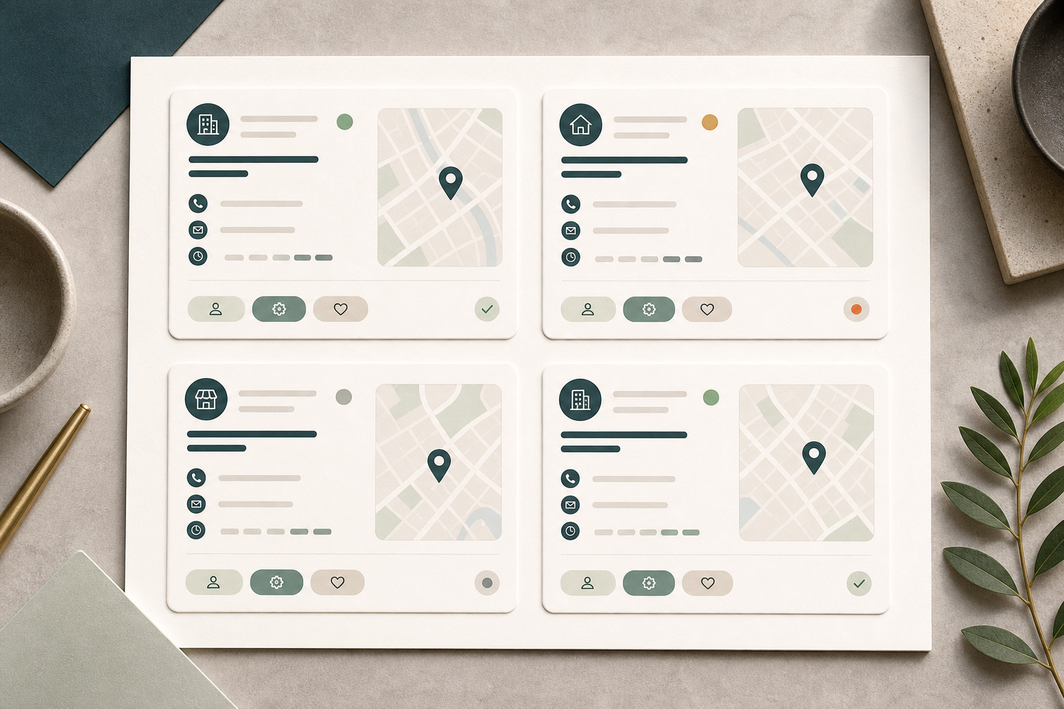 Editorial branch list grid with contact cards, map thumbnails, and hours states.