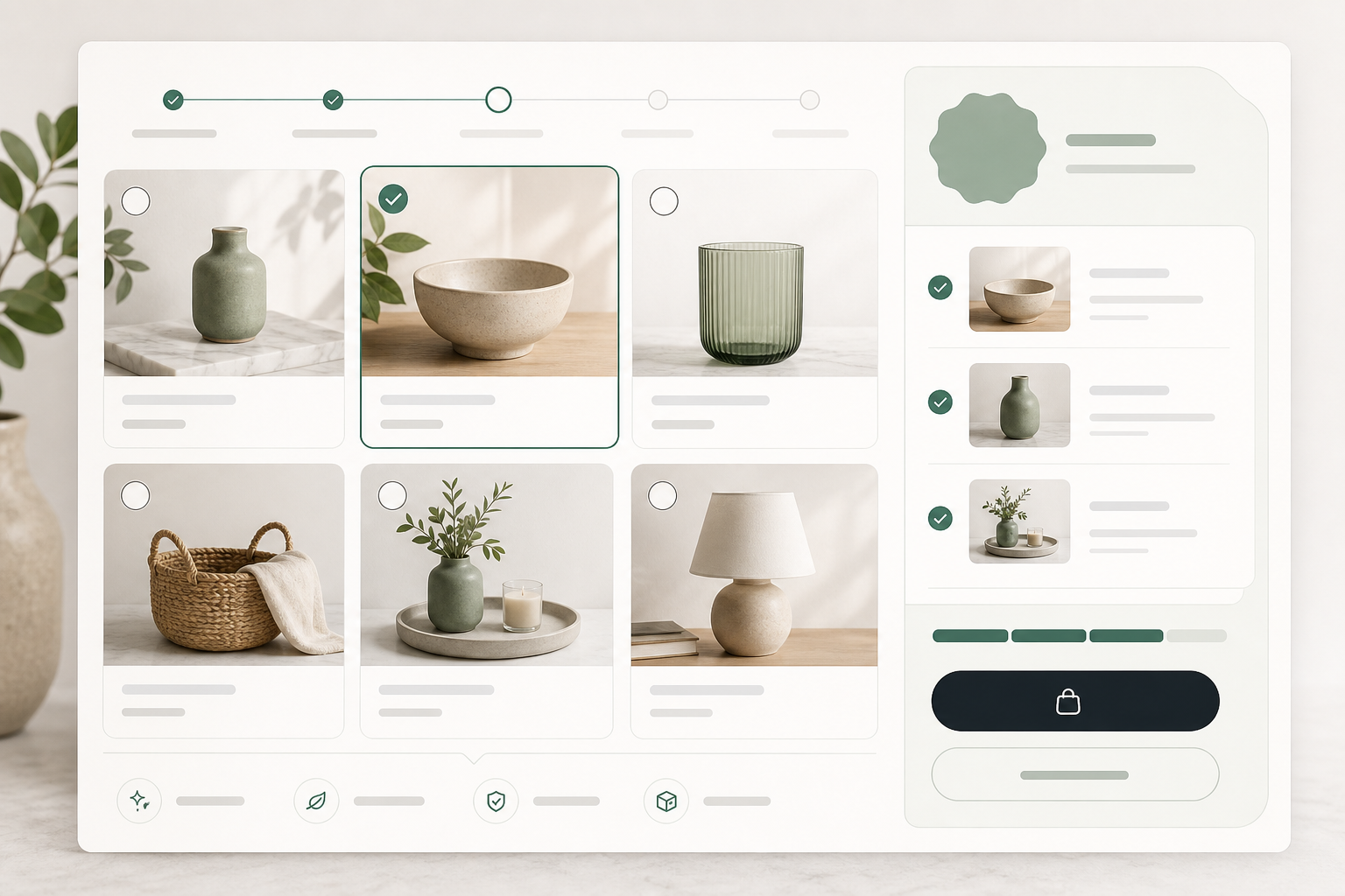 Editorial bundle builder module with selectable item cards, progress, summary rail, and CTA.