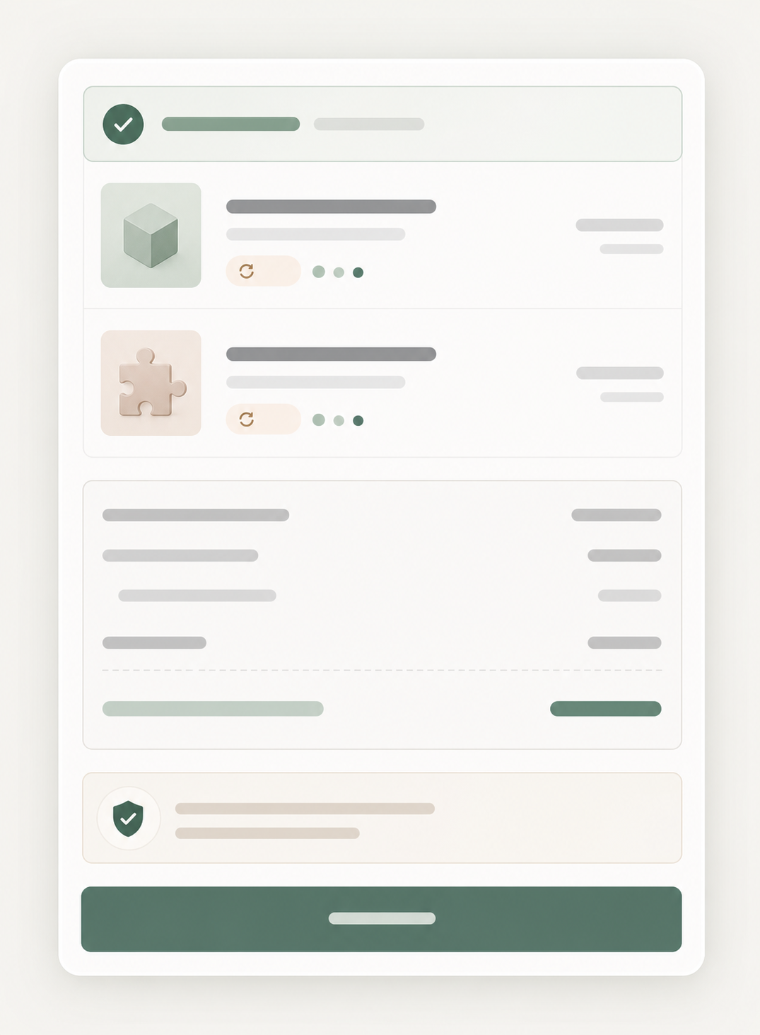 Editorial checkout summary module with item rows, subtotal and tax rows, cadence markers, and confirmation state.