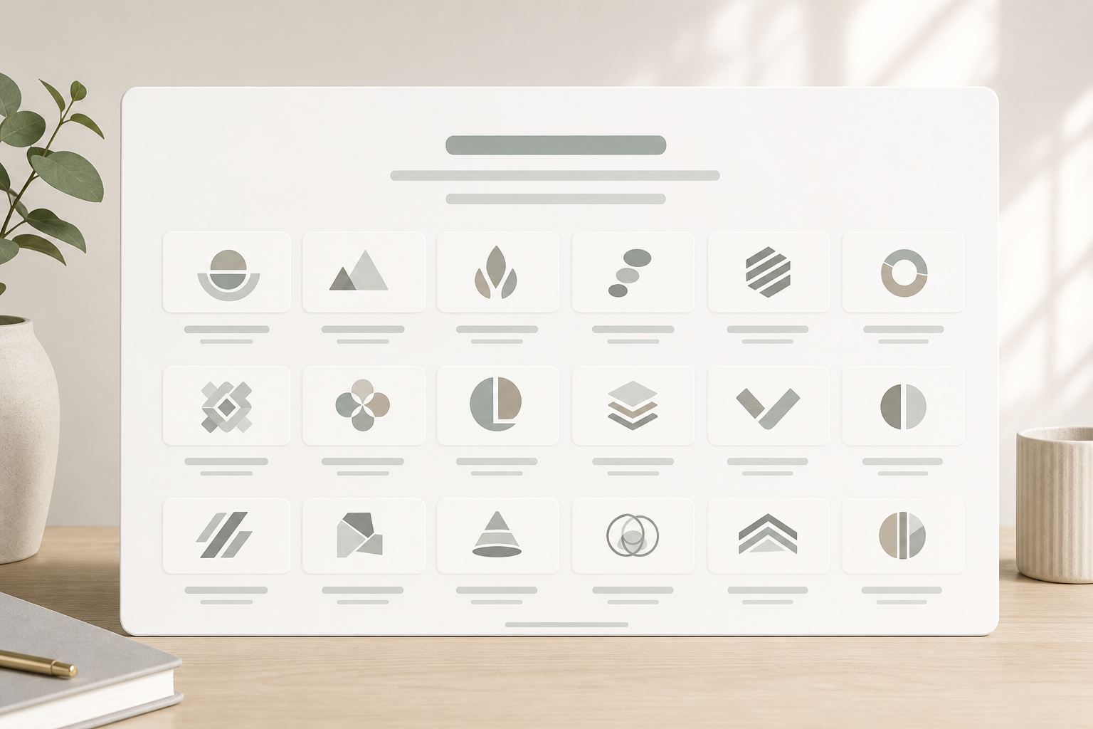 Editorial client logo wall module with abstract proof tiles, grouped rows, and outcome markers.