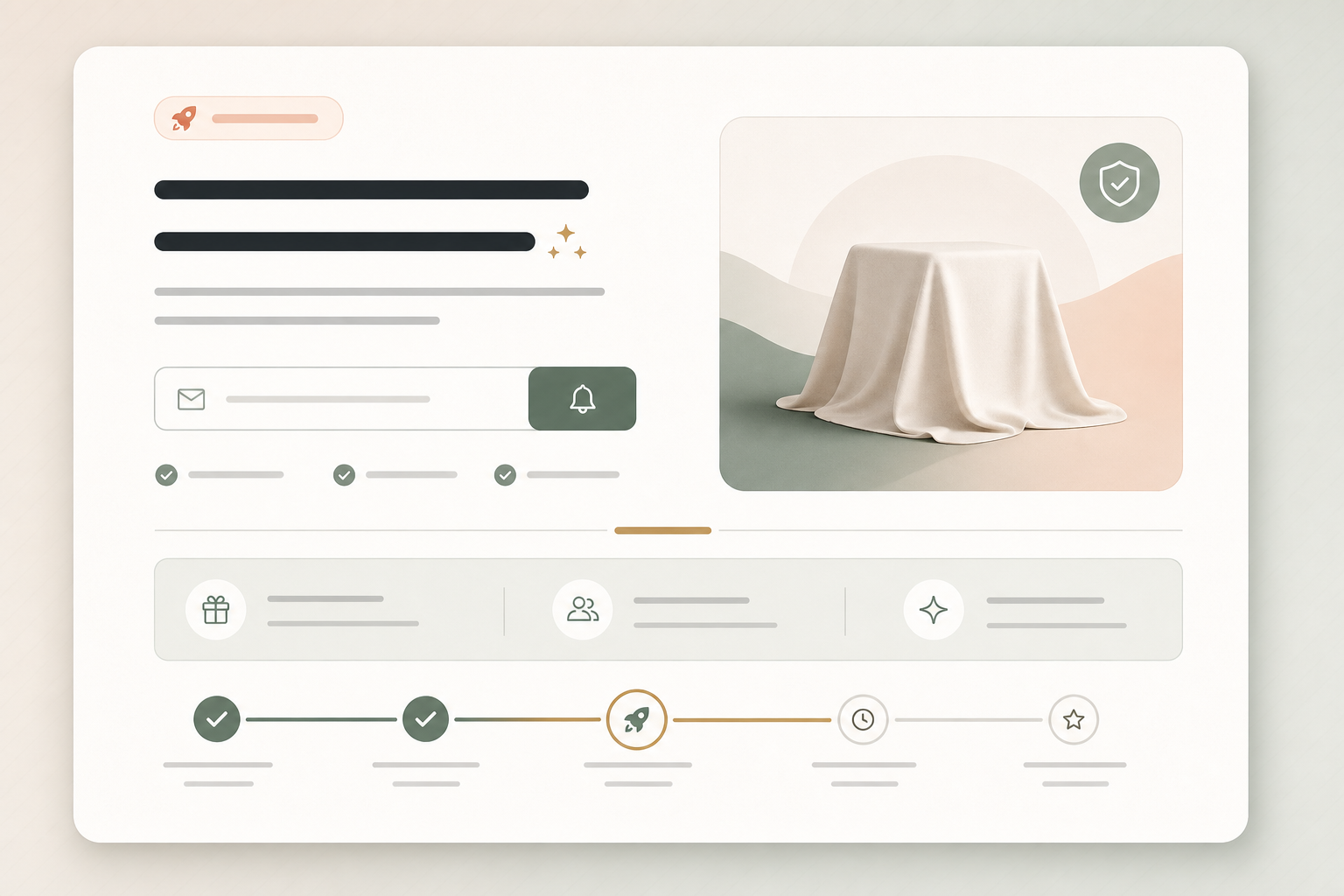Editorial coming-soon module with staged launch panel, waitlist field, progress markers, and notification action.