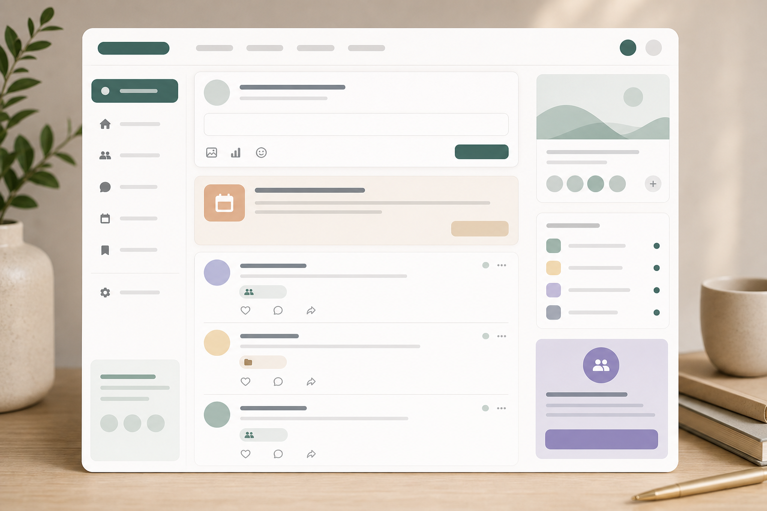 Editorial community feed with post cards, group context, and event badges.