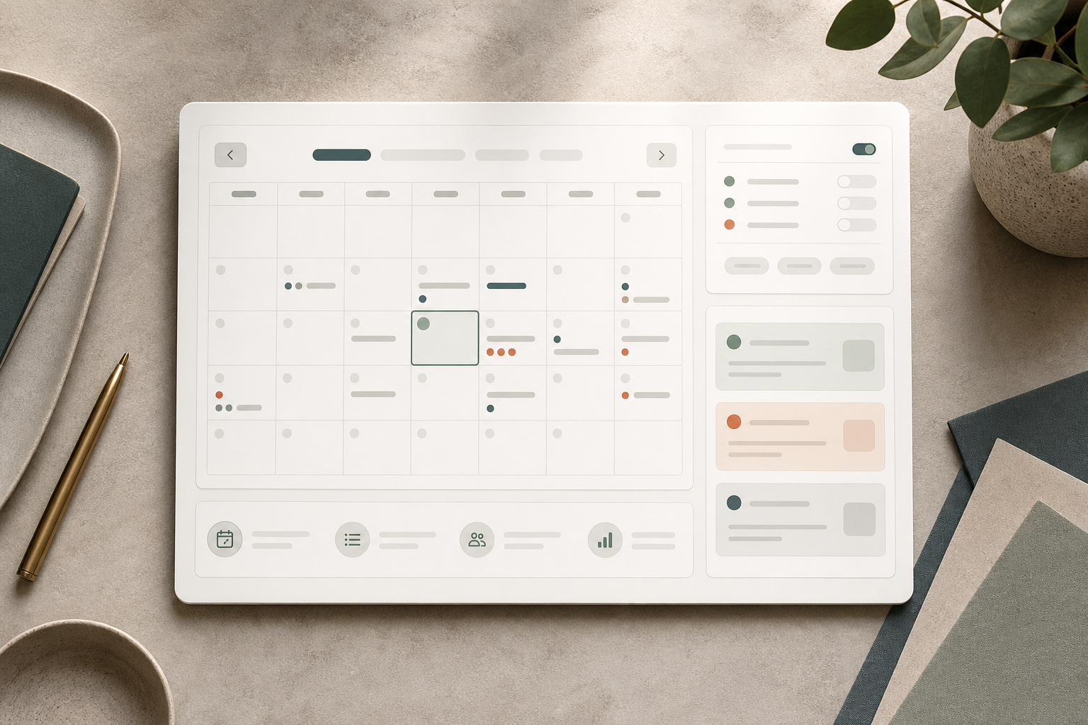 Editorial event calendar with grid cells, event markers, and agenda preview cards.
