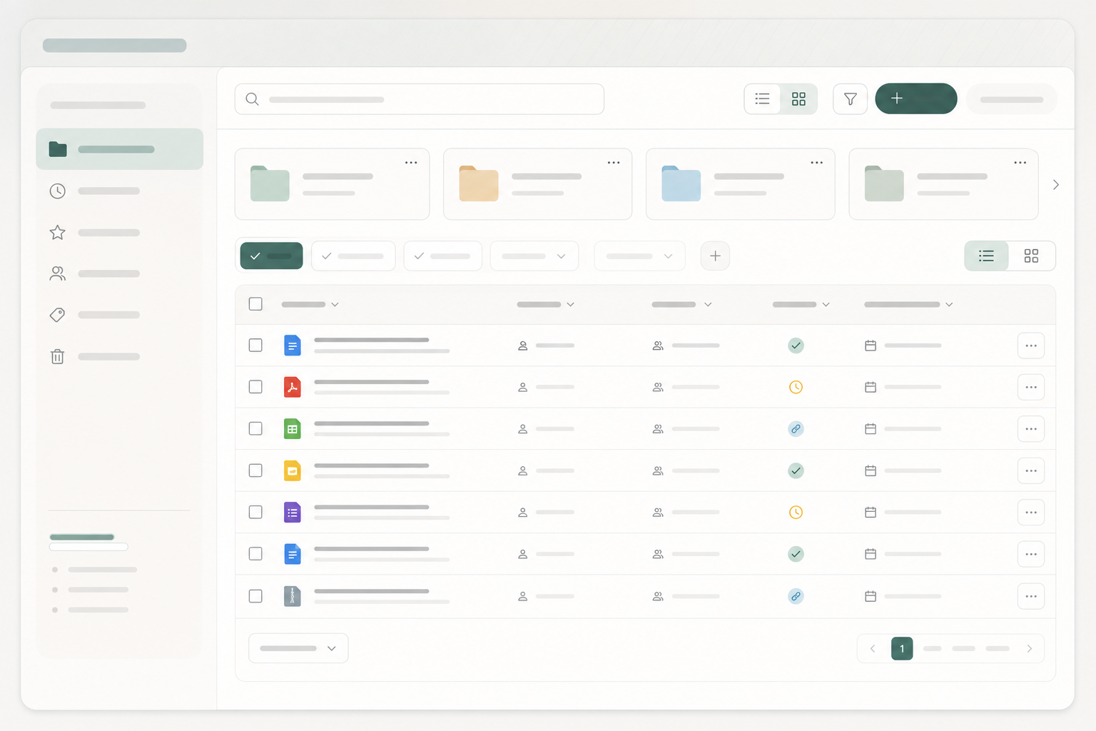 Editorial file library module with folder cards, file rows, filters, and access state.