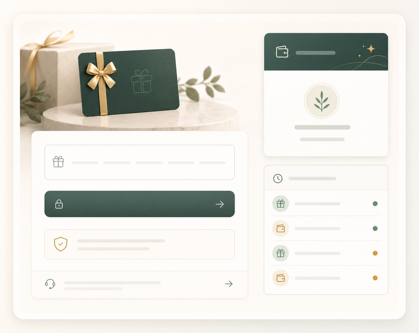 Editorial gift-card redeem module with code input, balance state, redemption history, support link, and CTA.