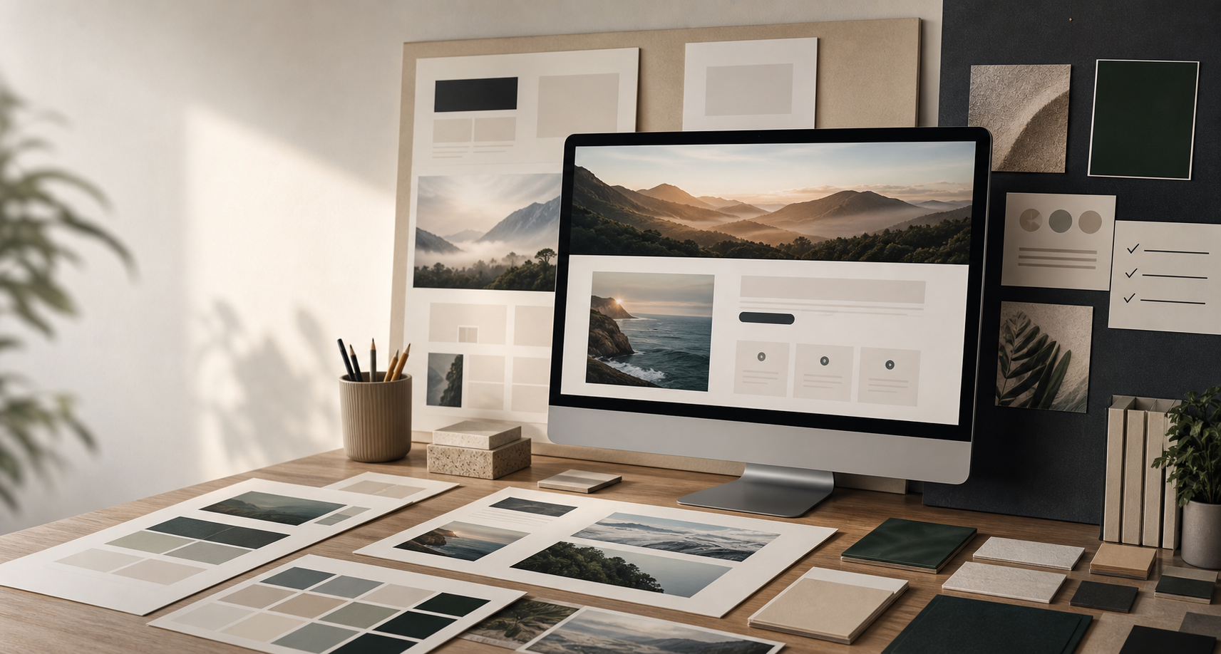 Editorial workspace showing modular hero page composition and media planning.