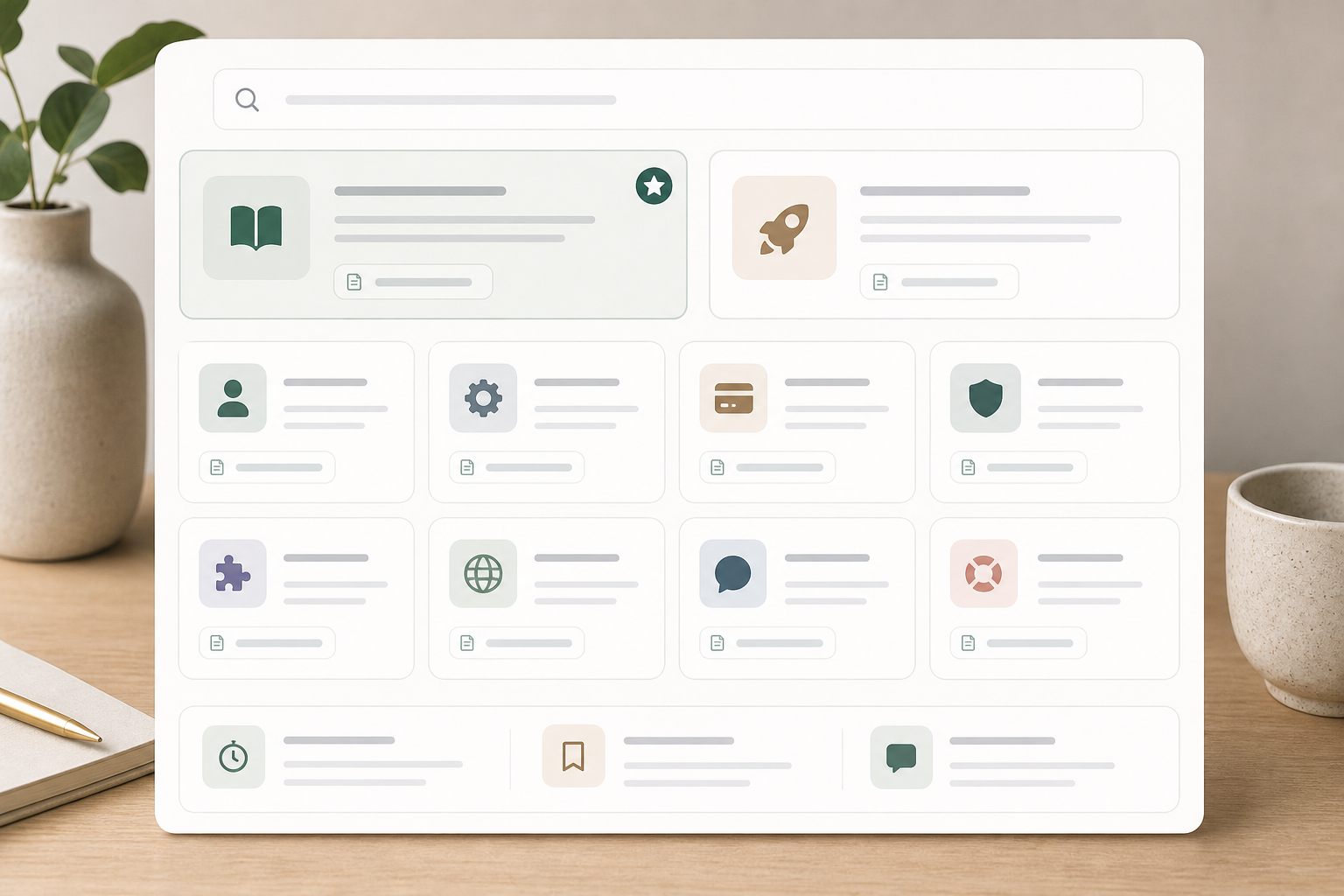 Editorial knowledge base category grid with article count and summary controls.