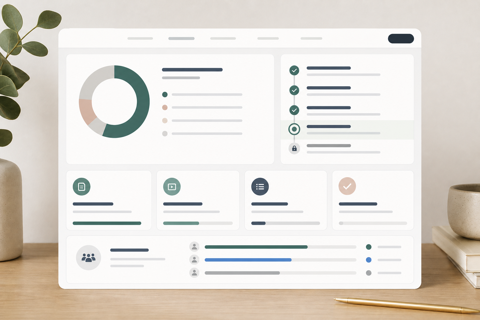Editorial lesson progress tracker with progress ring, milestones, and assignment states.