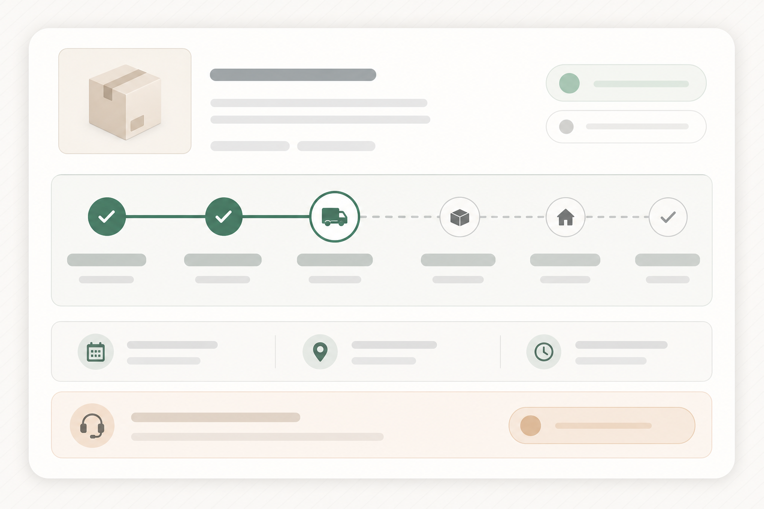 Editorial order tracking widget module with progress timeline, status markers, ETA card, and support handoff.