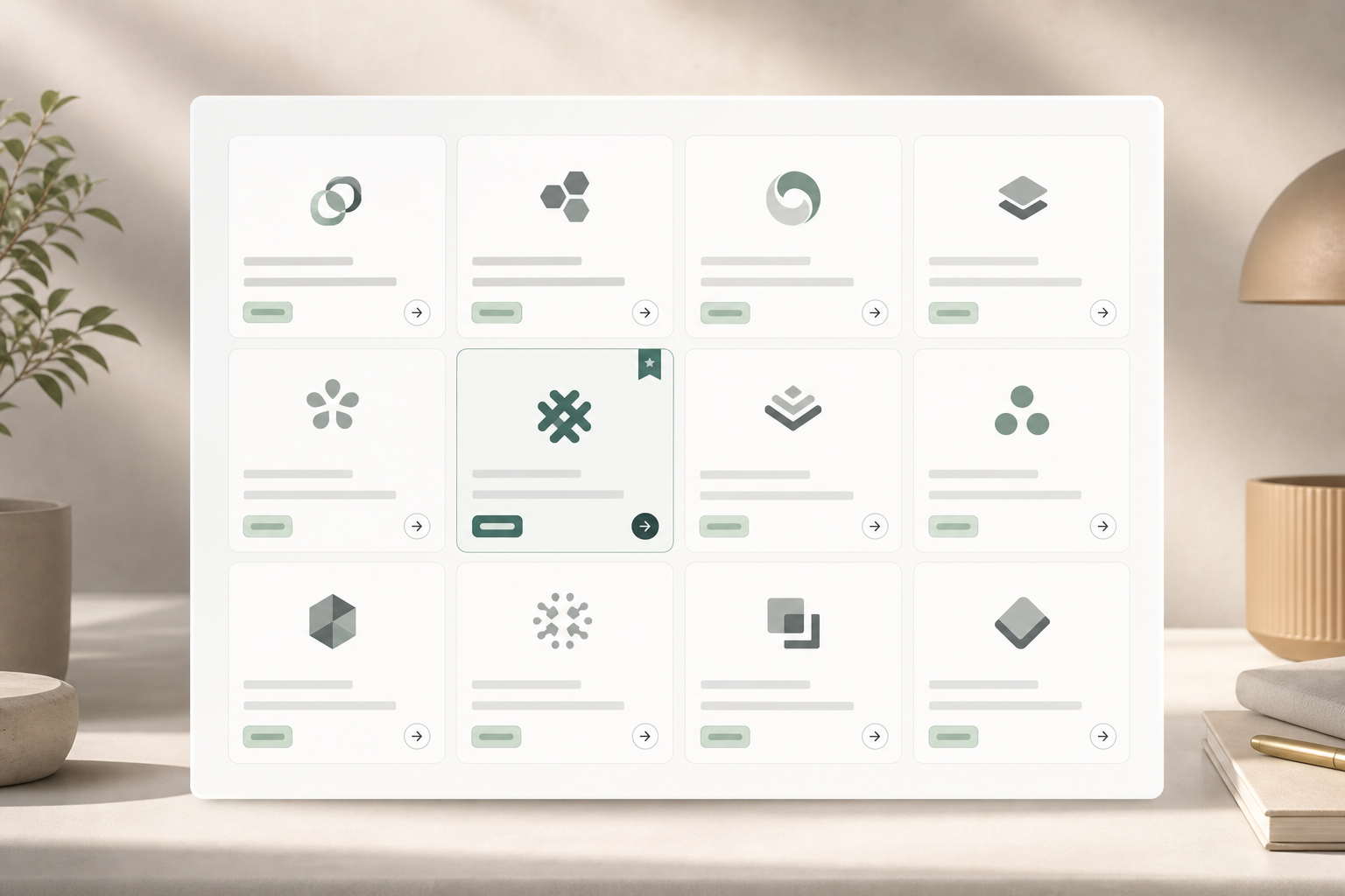 Editorial partner grid module with abstract alliance tiles, level badges, and link states.
