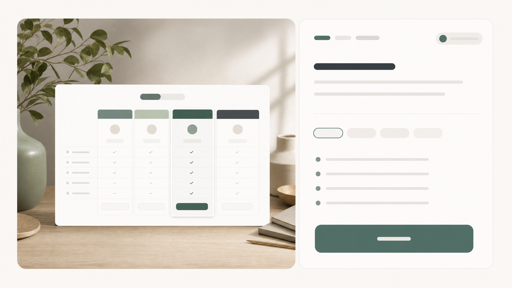 Editorial product detail module with large media, option chips, feature rows, and CTA panel.