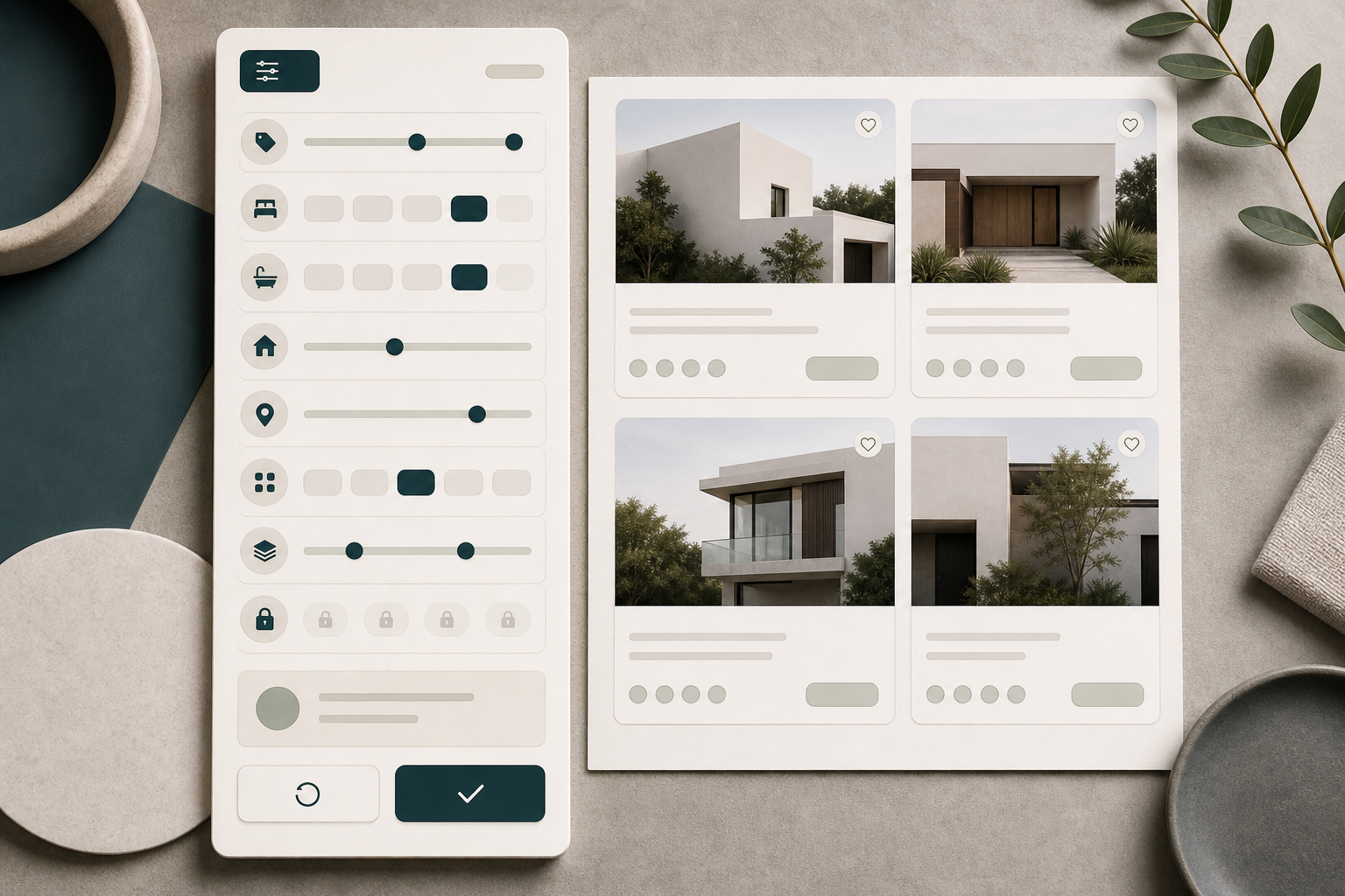 Editorial property filter rail with grouped controls and disabled-state cues.