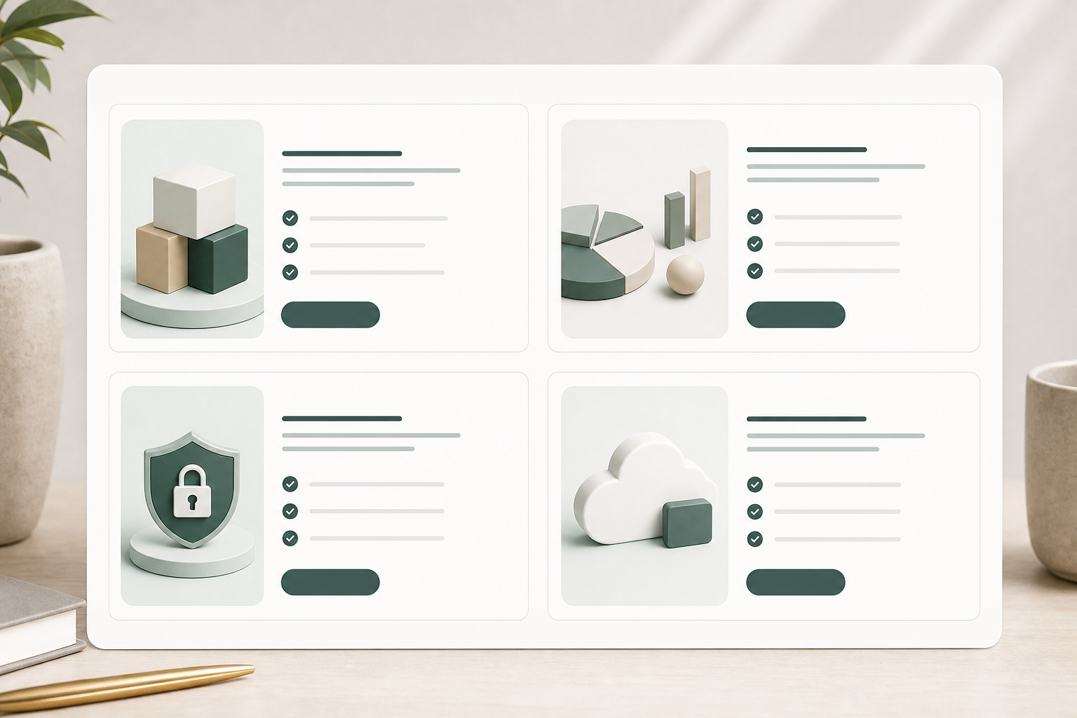 Editorial service cards module with grouped service cards, proof rows, and action states.