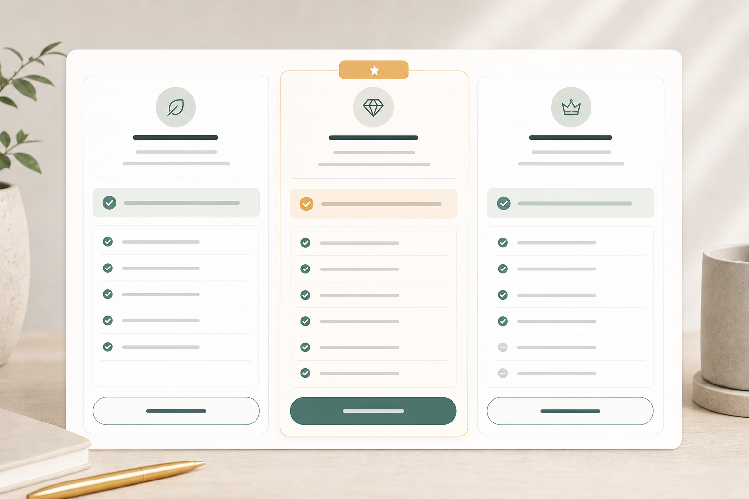 Editorial service package cards module with comparison cards, included rows, and highlighted package.