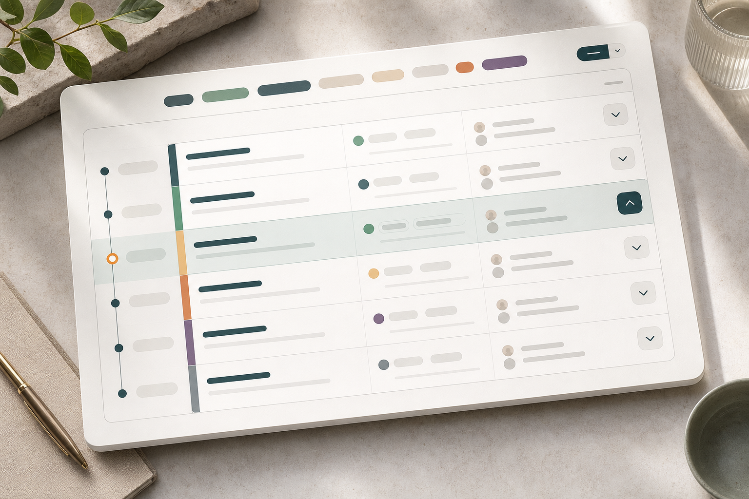 Editorial session agenda with timeline rows, track chips, and expandable session cards.