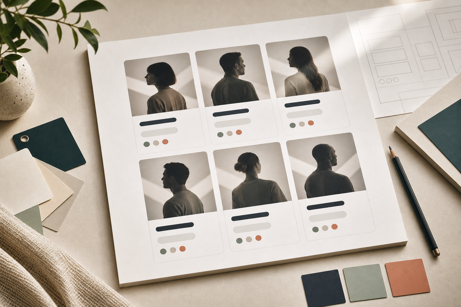 Editorial team grid layout with profile cards and abstract role controls.