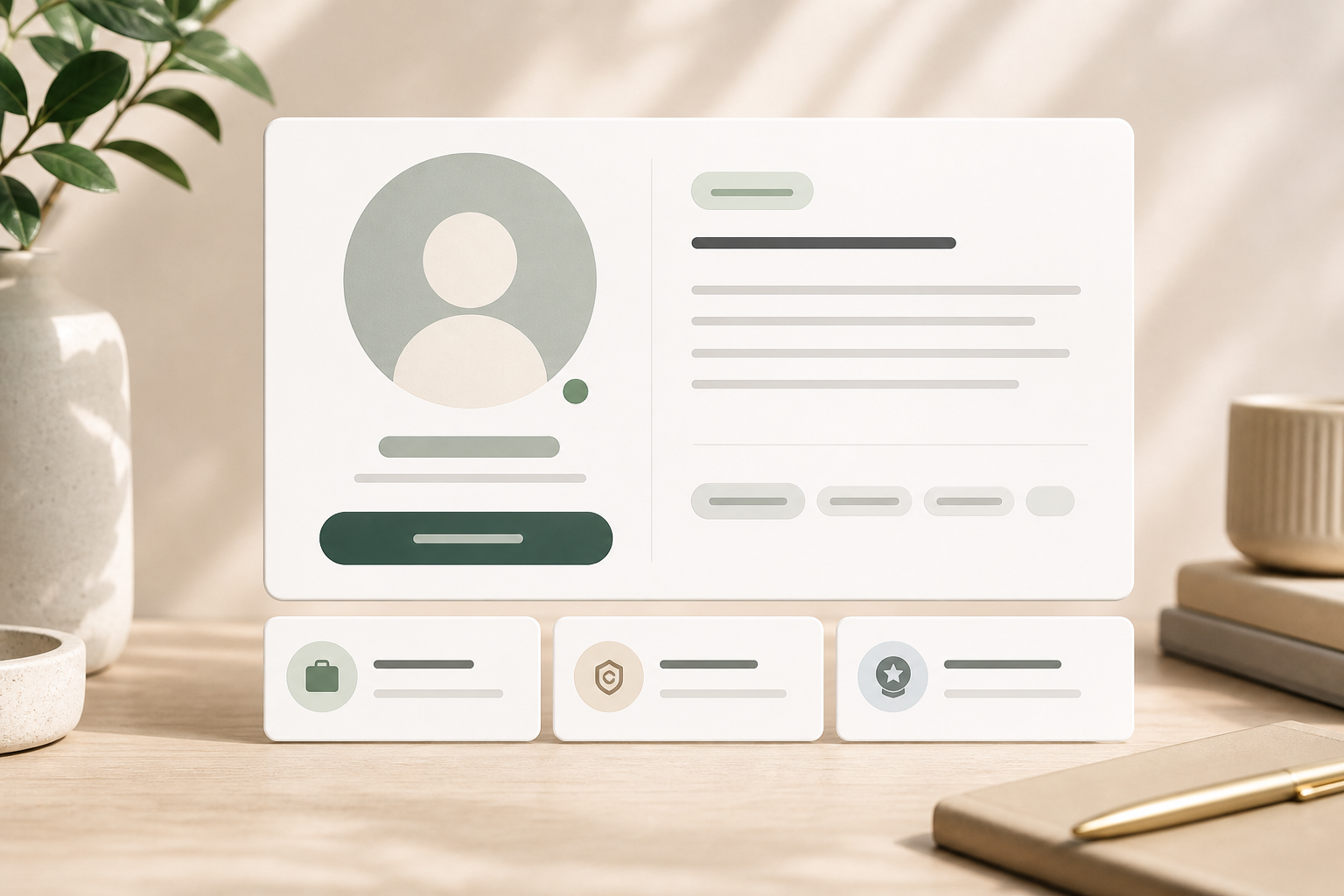 Editorial team profile card module with abstract portrait, credentials, biography, and contact CTA.