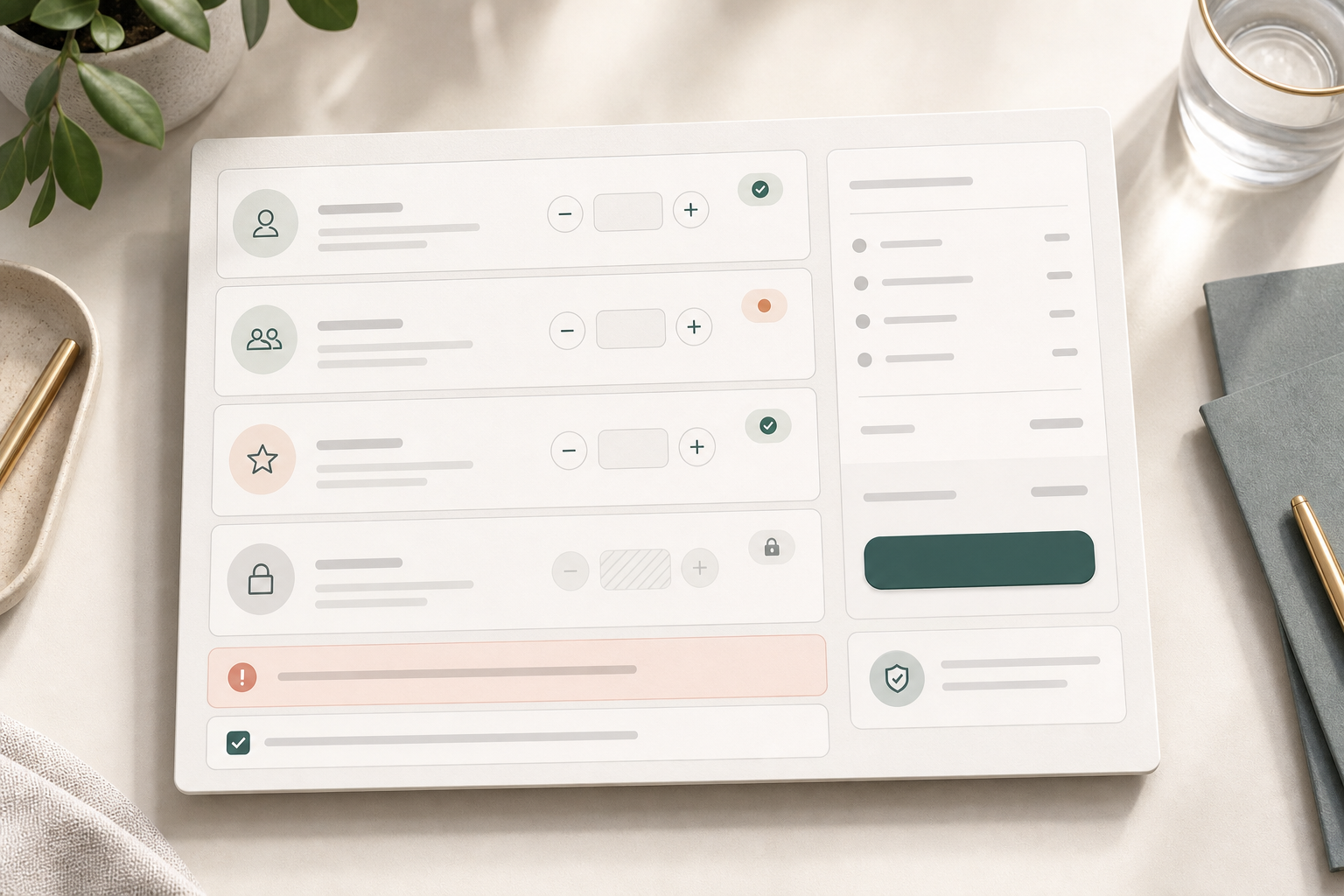 Editorial ticket selector with option cards, steppers, status chips, and summary panel.