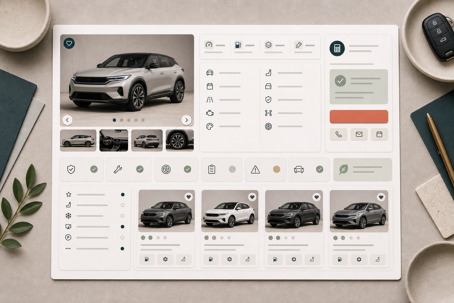 Editorial vehicle detail layout with gallery, specification chips, and enquiry area.