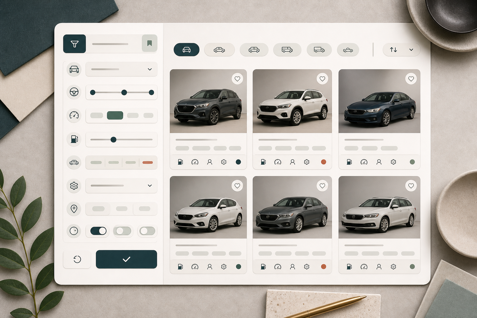 Editorial vehicle filter rail with faceted controls and result preview cards.